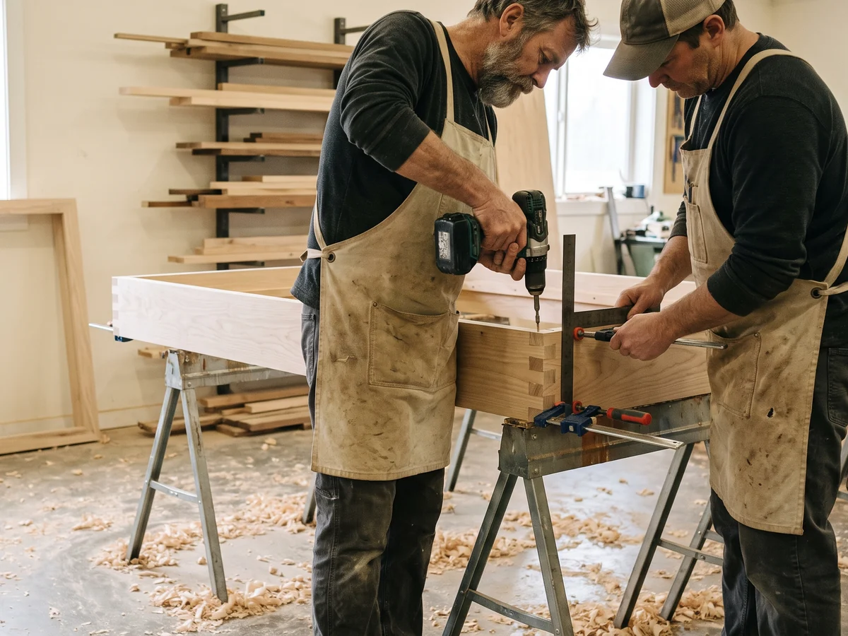 Two joiners squaring and screwing a hardwood booth frame on sawhorses in the frame shop