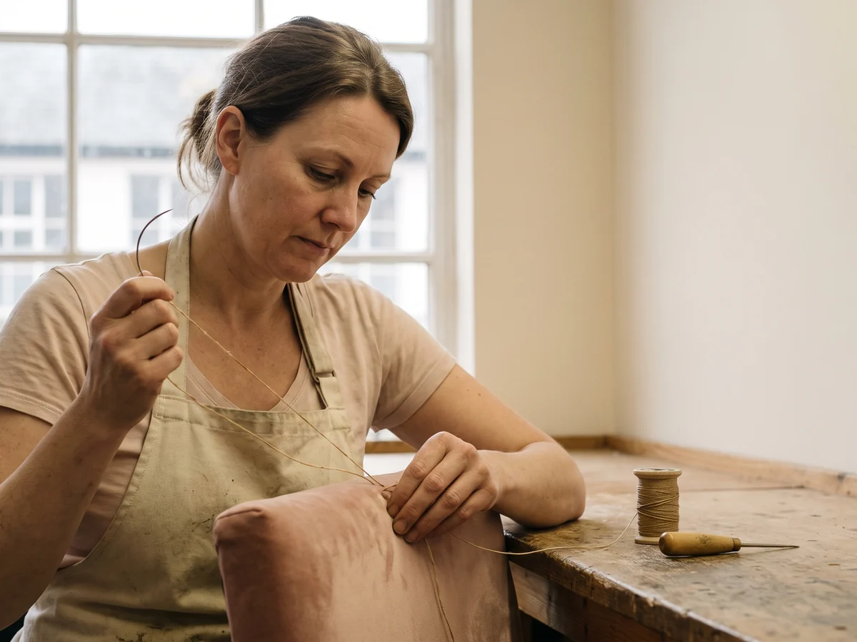 An upholsterer hand-stitching the welted edge of a blush velvet cushion at the bench