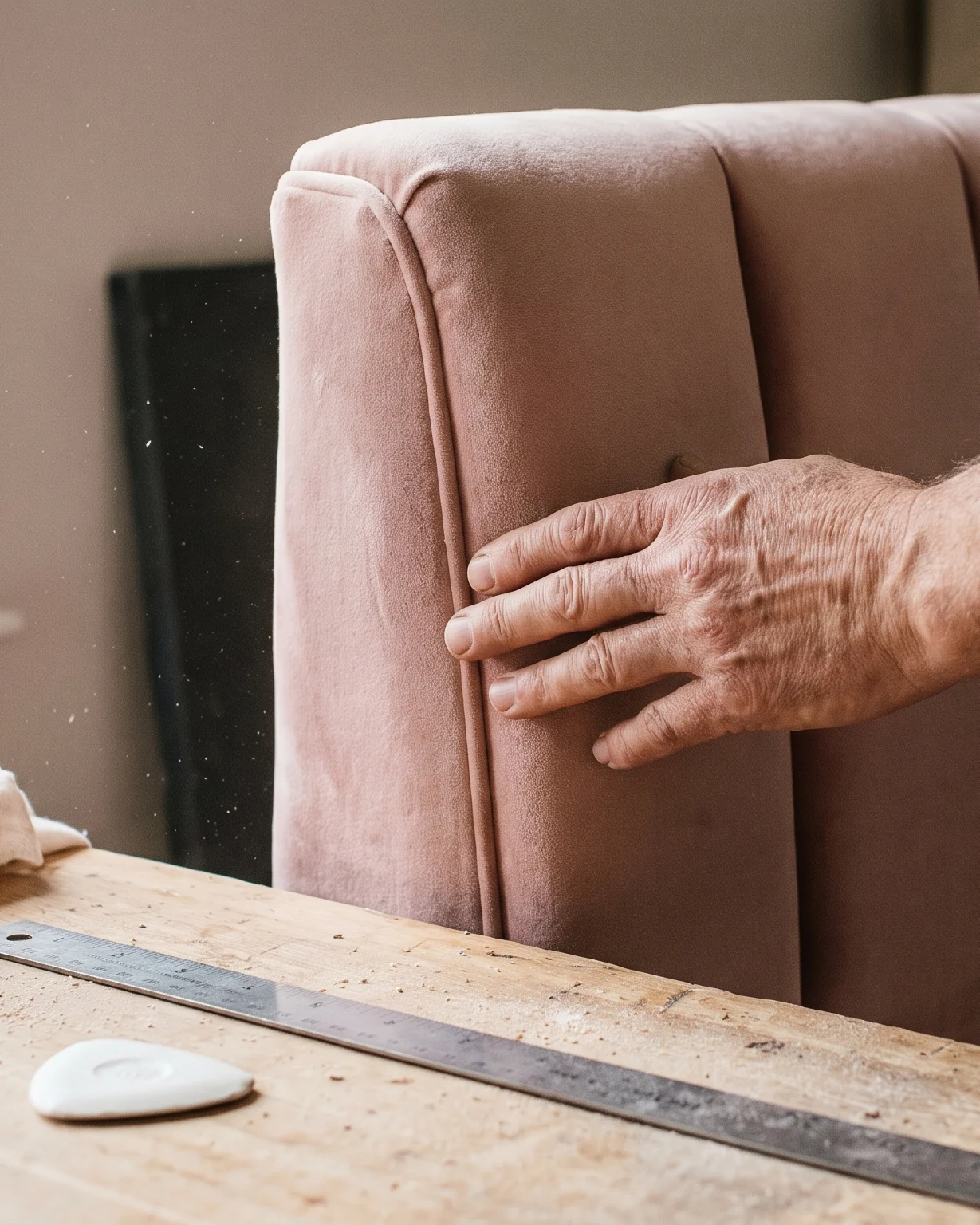 Hands smoothing a vertical channel seam on a blush velvet banquette back