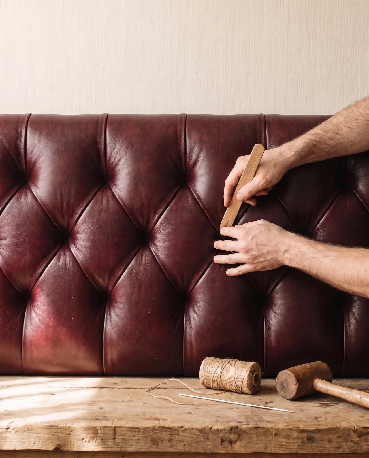 Hands setting the pleats of a buttonless diamond-tufted oxblood leather back with a wooden pleating stick