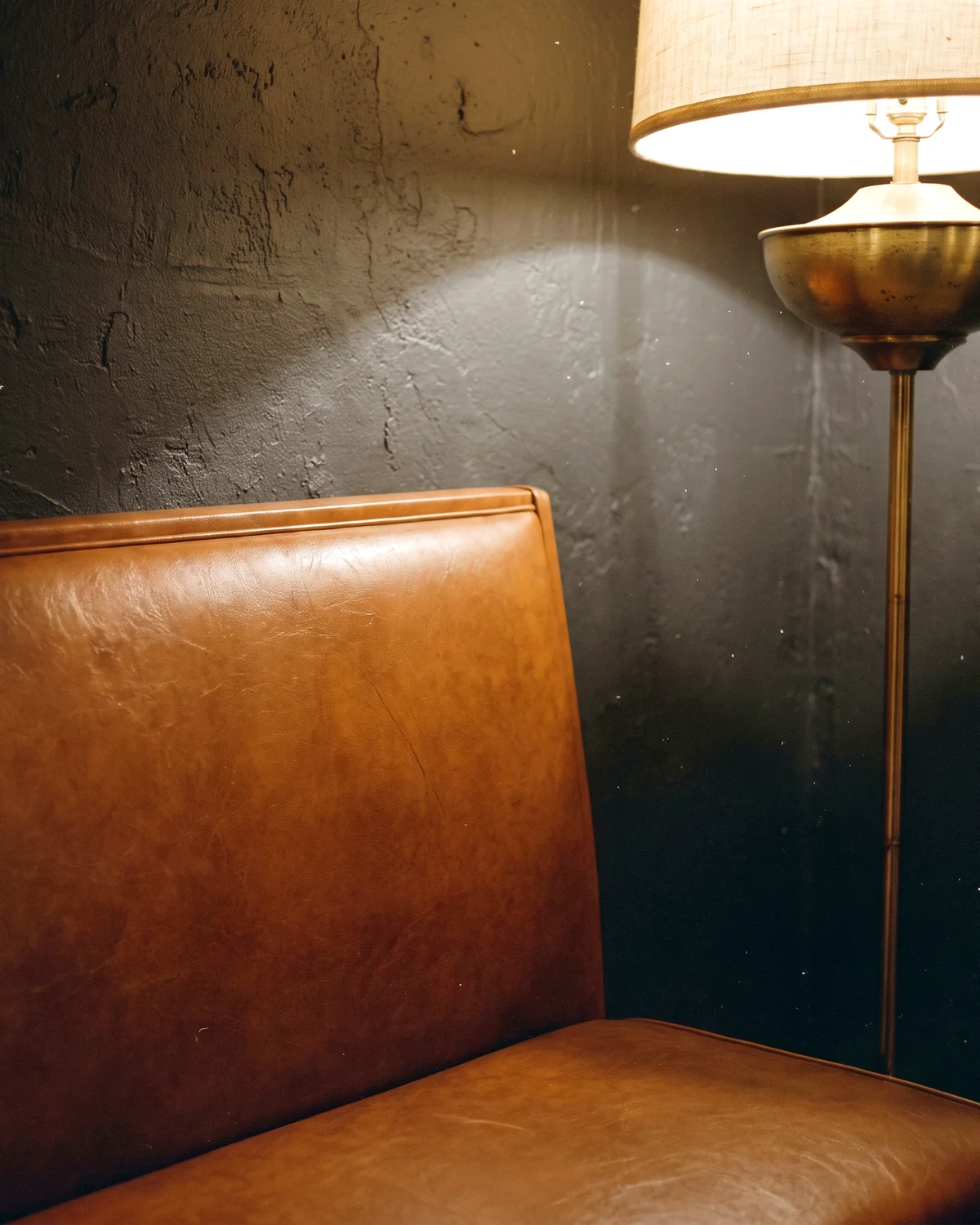 A smooth cognac leather booth back beside a brass floor lamp