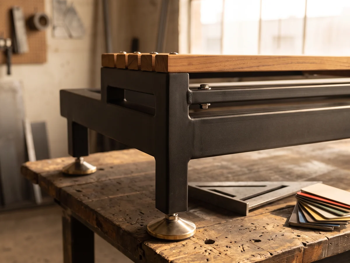 A welded black steel bench frame meeting teak seat slats on the welding table, with a leveler foot and powder-coat color chips
