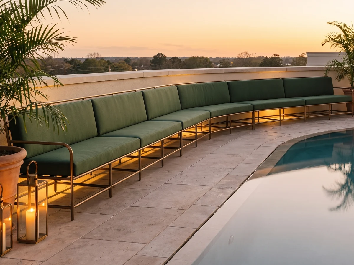 A curved bronze-finished steel bench with green cushions beside a hotel reflecting pool at dusk
