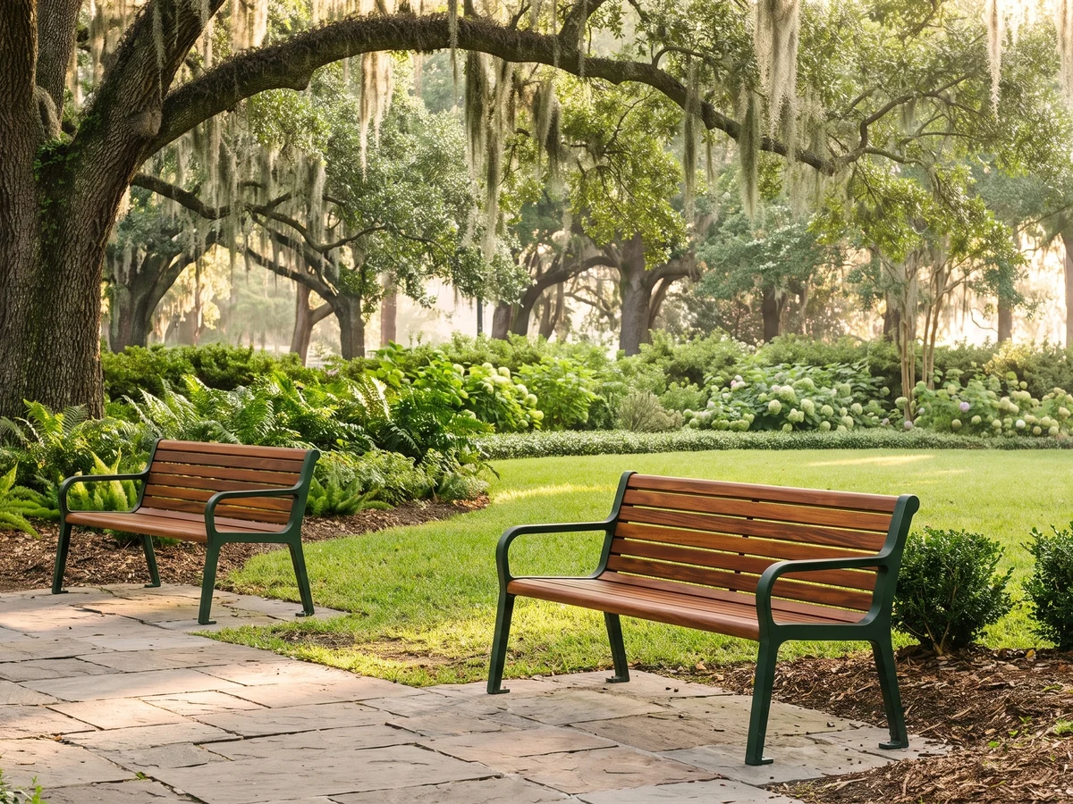 Two green steel park benches with hardwood slats along a stone path under live oaks