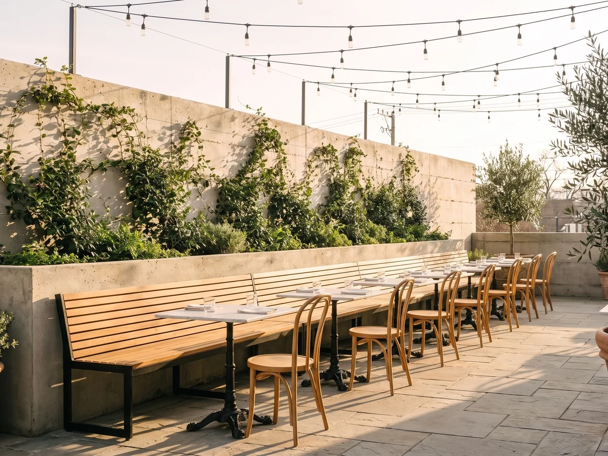 A long black steel bench with teak slats along a planted wall on an empty restaurant patio at golden hour