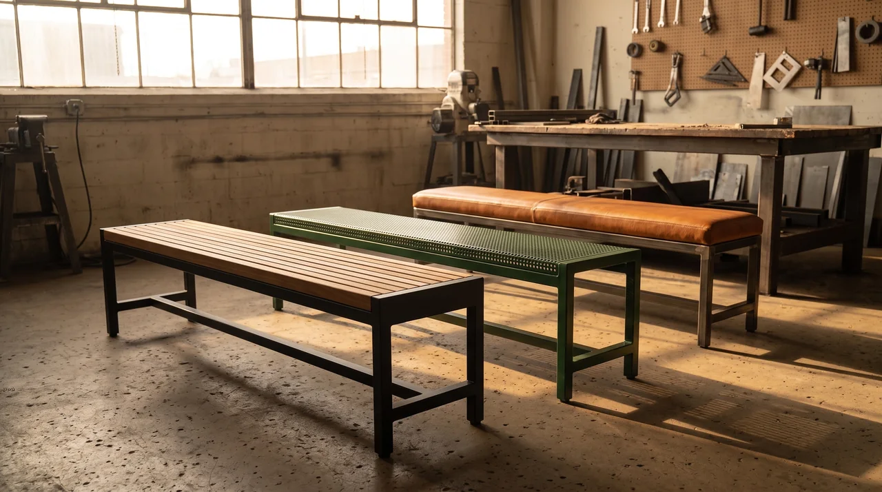 Three finished custom metal benches with teak, perforated steel and leather seats on the metal shop floor in golden light