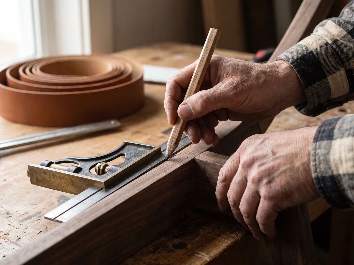 Hands marking the seat height on a hardwood booth frame against a steel square