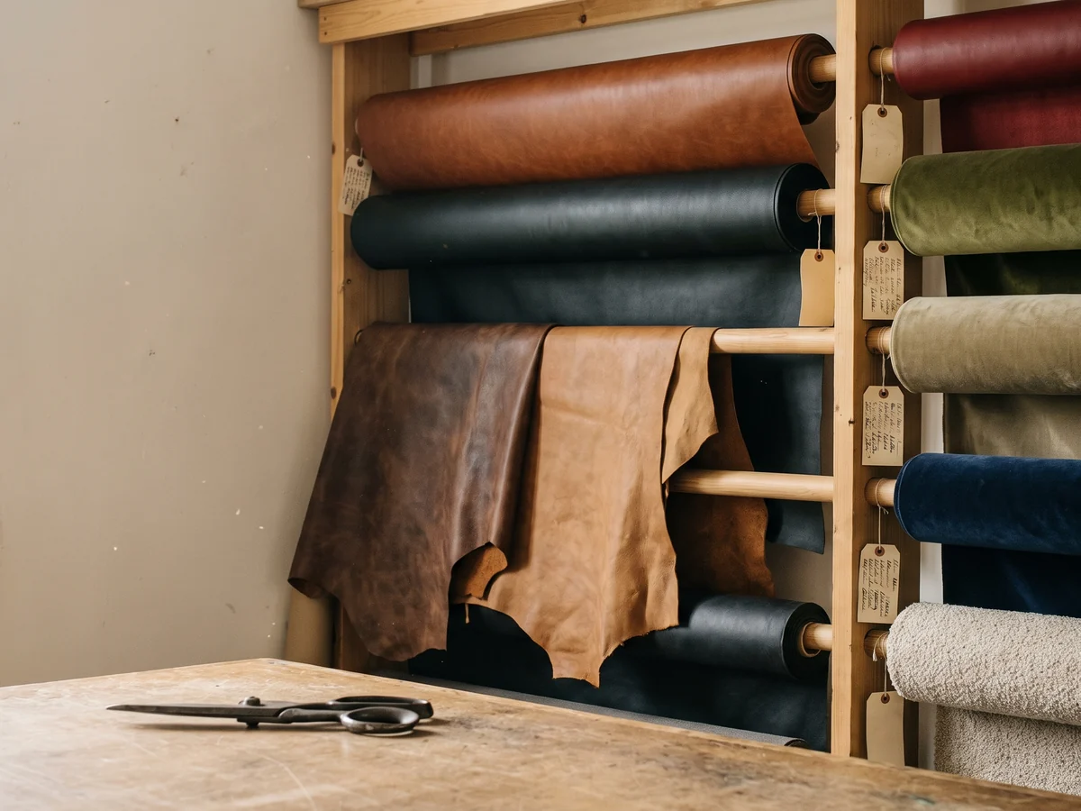 Bolts of vinyl, velvet and boucle and two leather hides on the materials rack