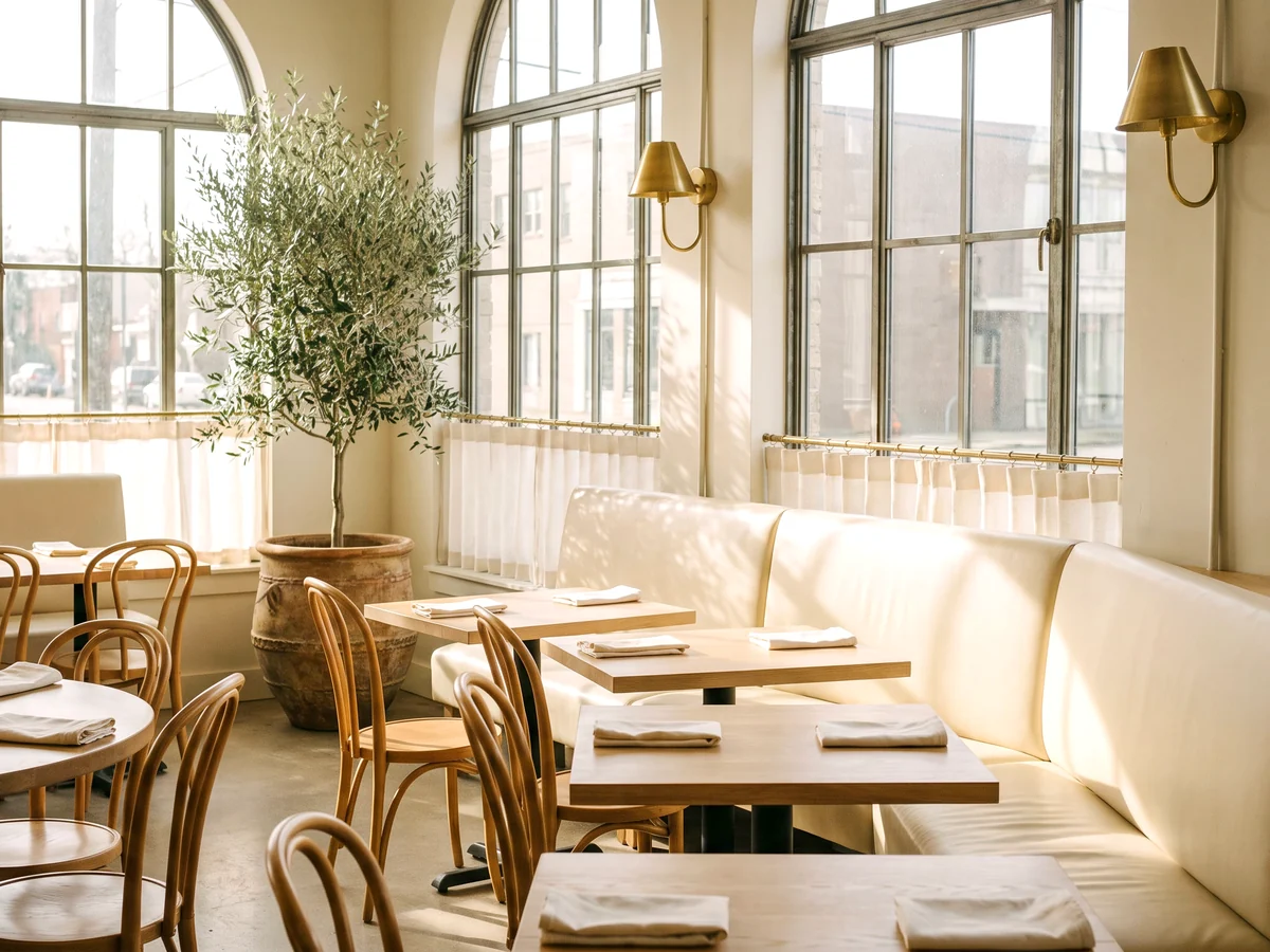 A run of cream leather booths under arched windows in a bright restaurant before service