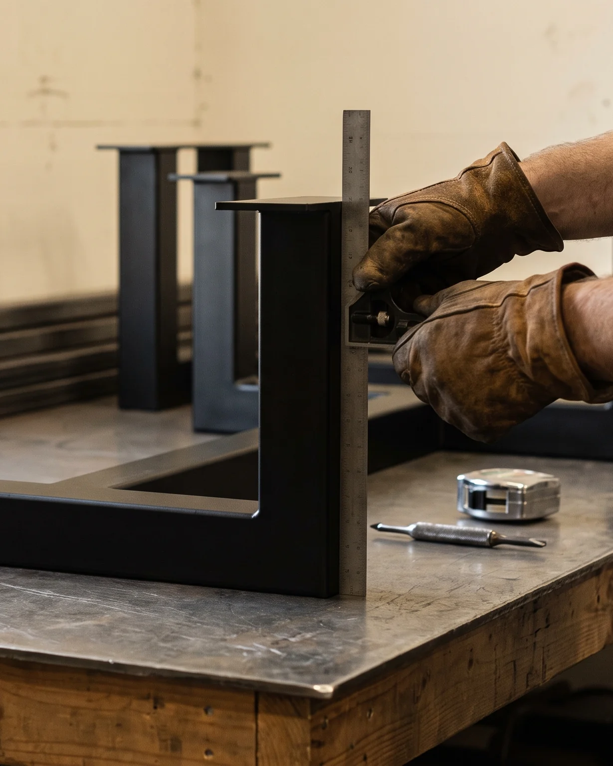 Manos con guantes revisando una base de mesa de acero con pintura en polvo con una escuadra de mecánico