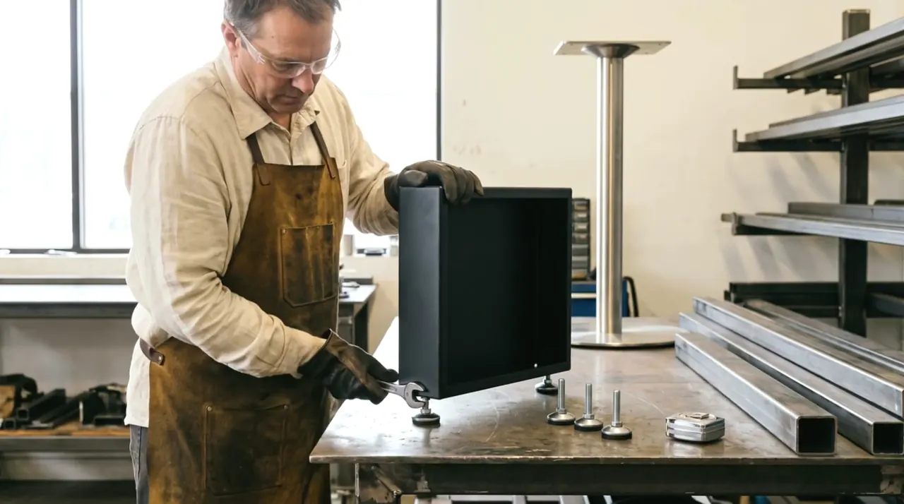 Adjustable levelers being set under a powder-coated steel booth plinth