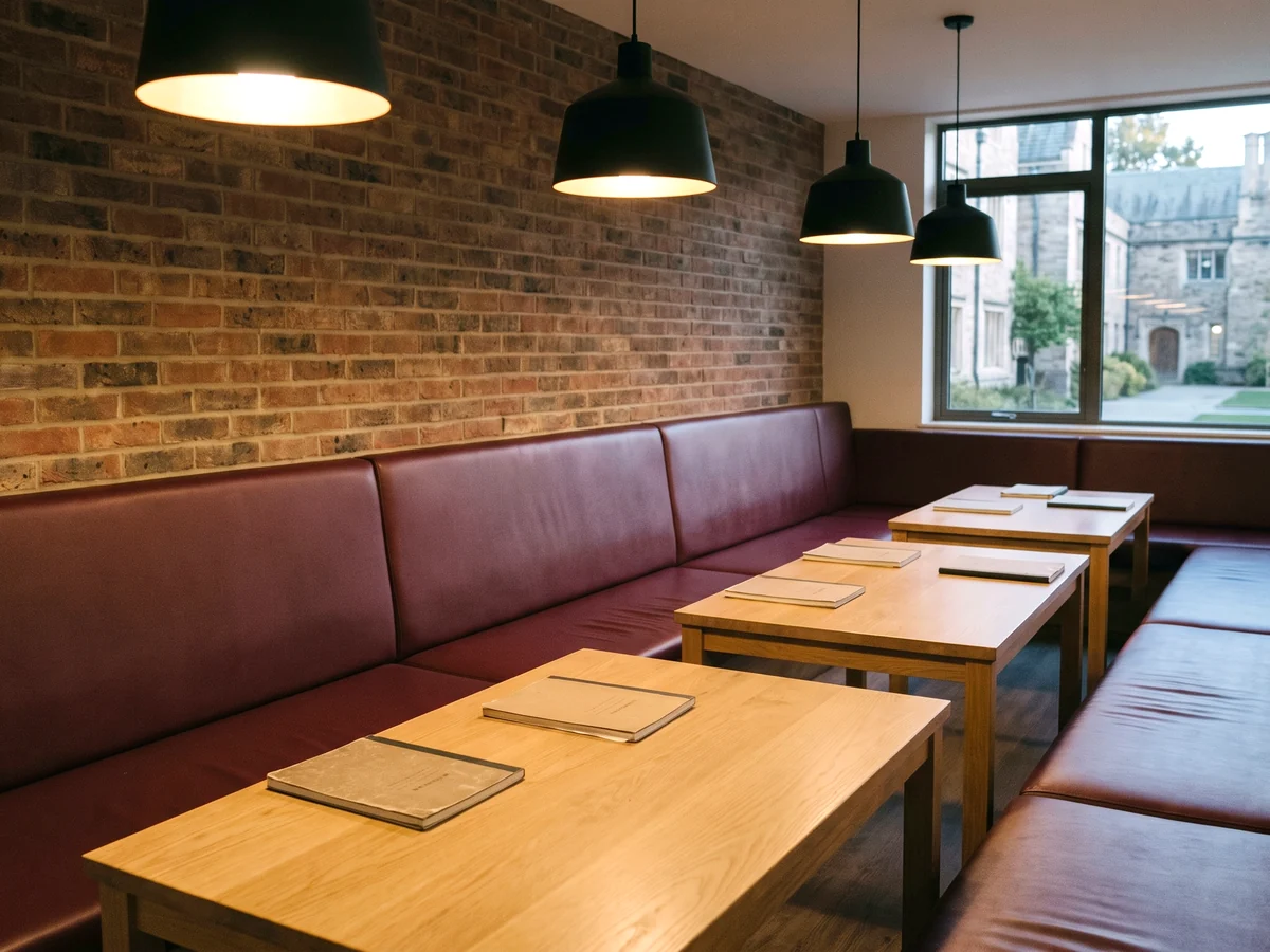 Modular oxblood vinyl benches along a brick wall in a student common room