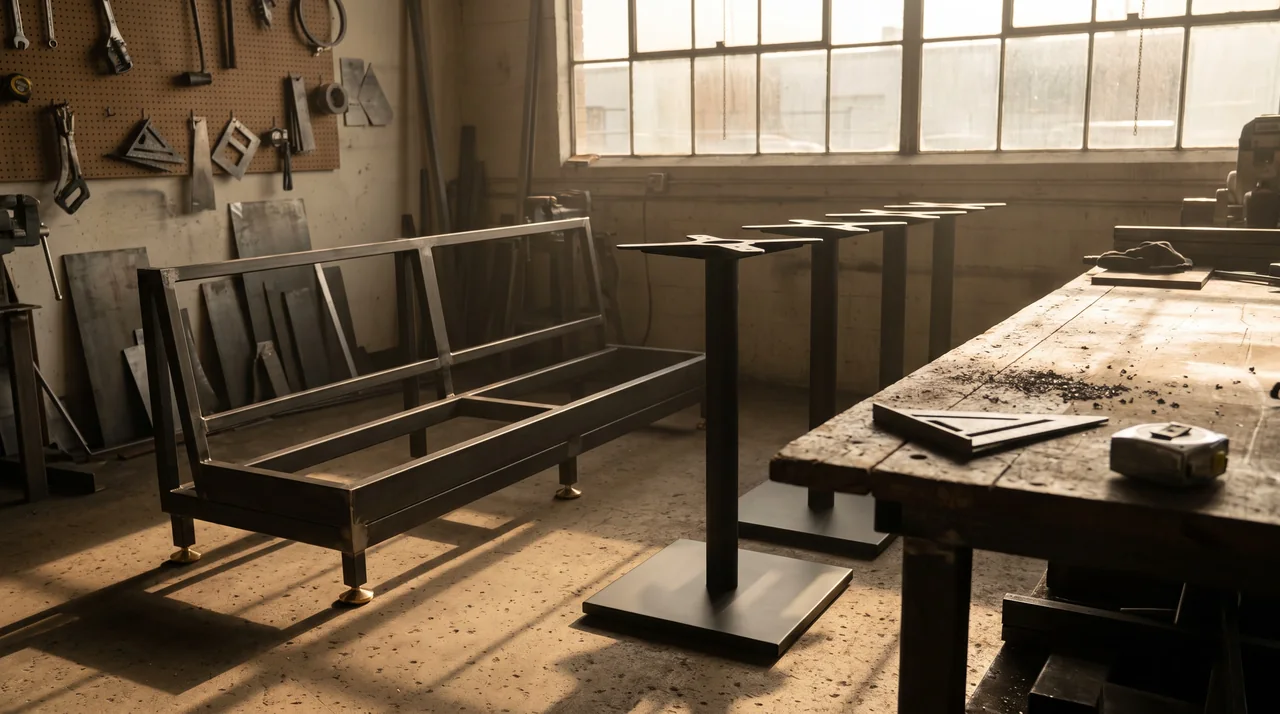 Finished powder-coated steel table bases and a booth plinth standing on the metal shop floor at golden hour
