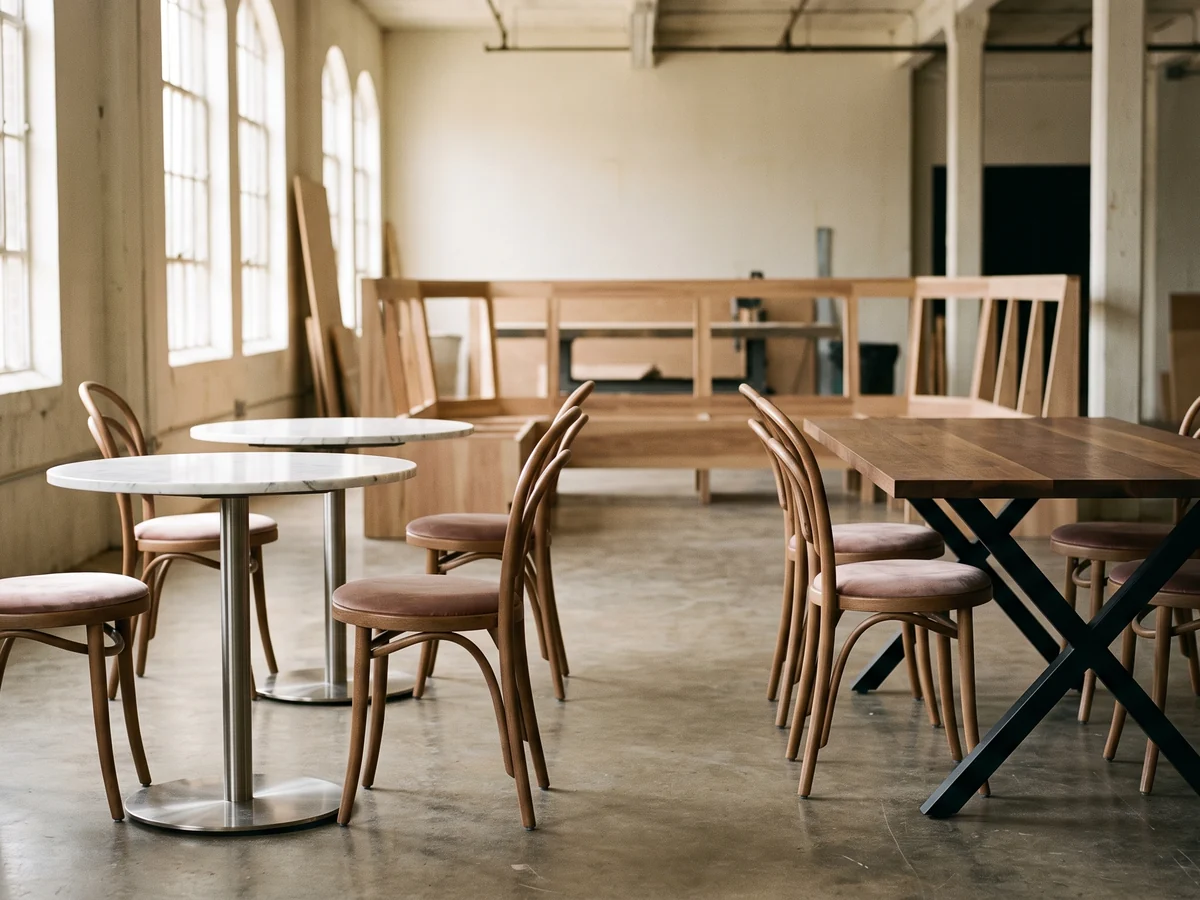 Marble-topped pedestal tables and velvet-seated chairs staged before delivery