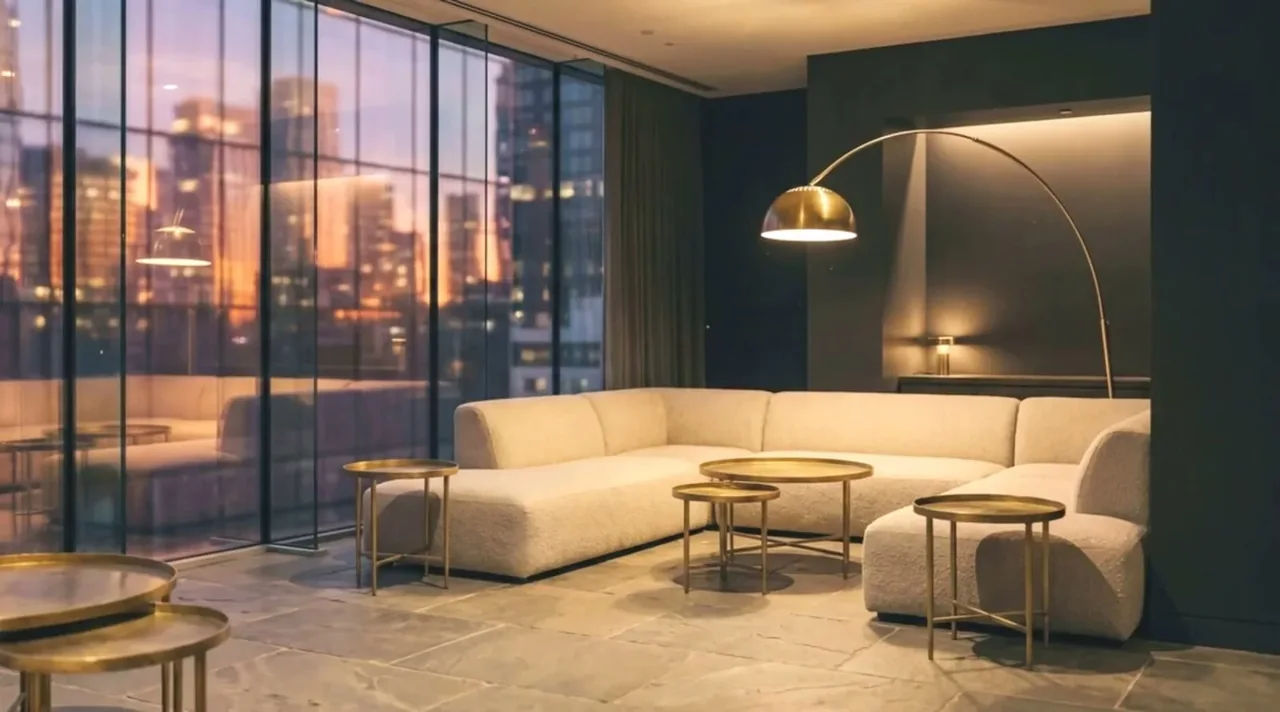 A long low sectional in a lobby lounge with a floor lamp and a city window at dusk