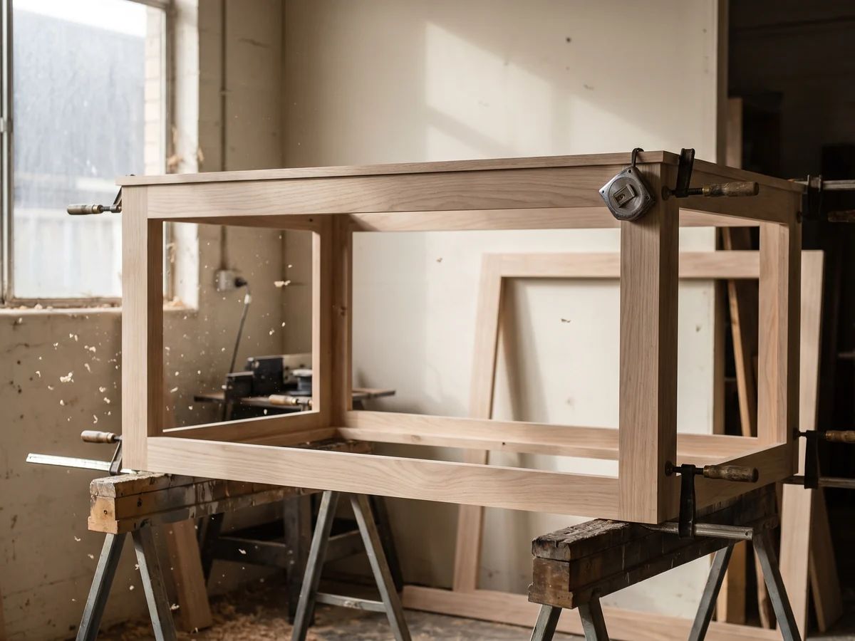 La estructura de madera dura de un booth sujeta con prensas sobre caballetes en el taller