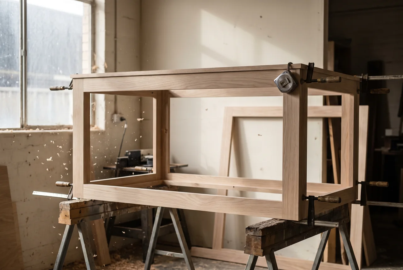 La estructura de madera dura de un booth sujeta con prensas sobre caballetes en el taller
