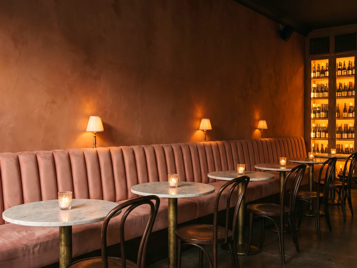 A blush velvet channel-back banquette against a terracotta wall in a wine bar