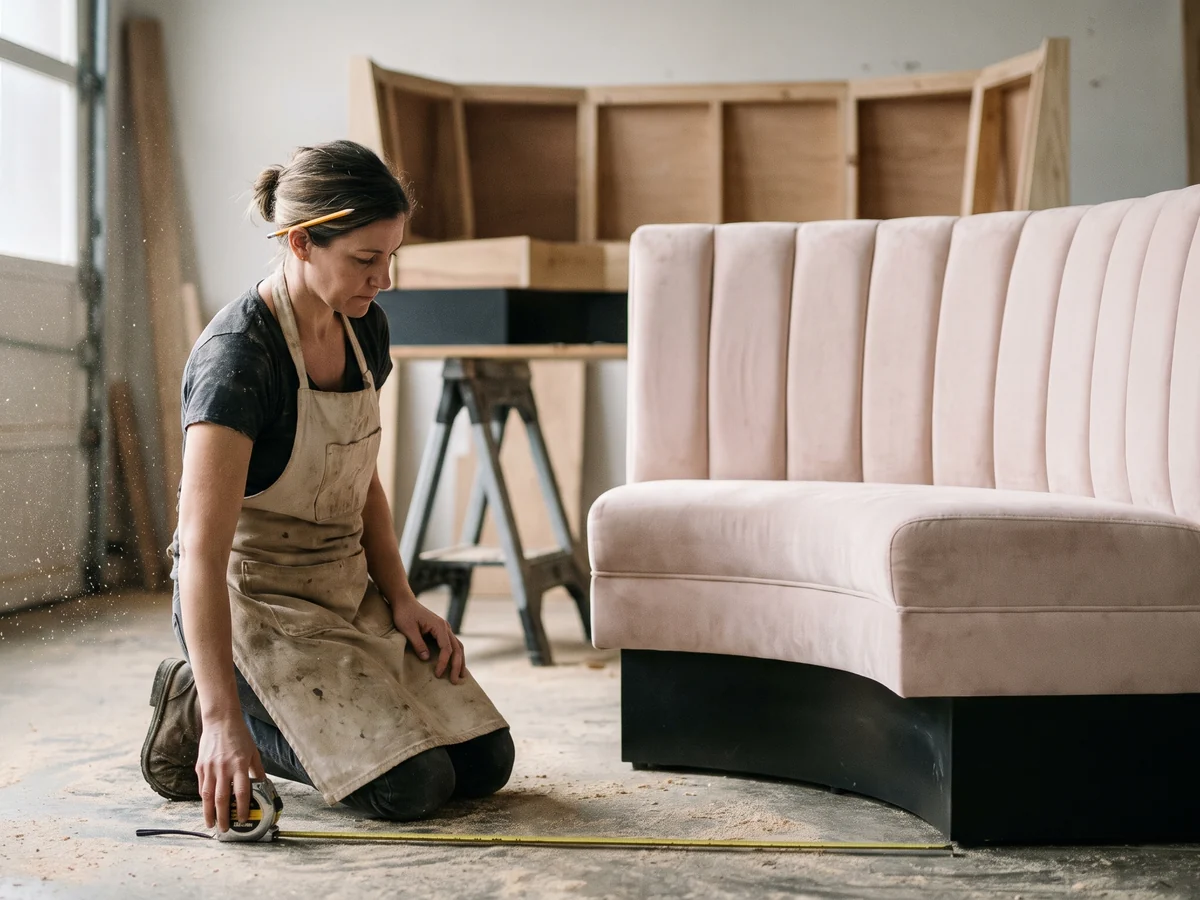 An upholsterer checking a finished blush velvet banquette with a tape measure on the workshop floor