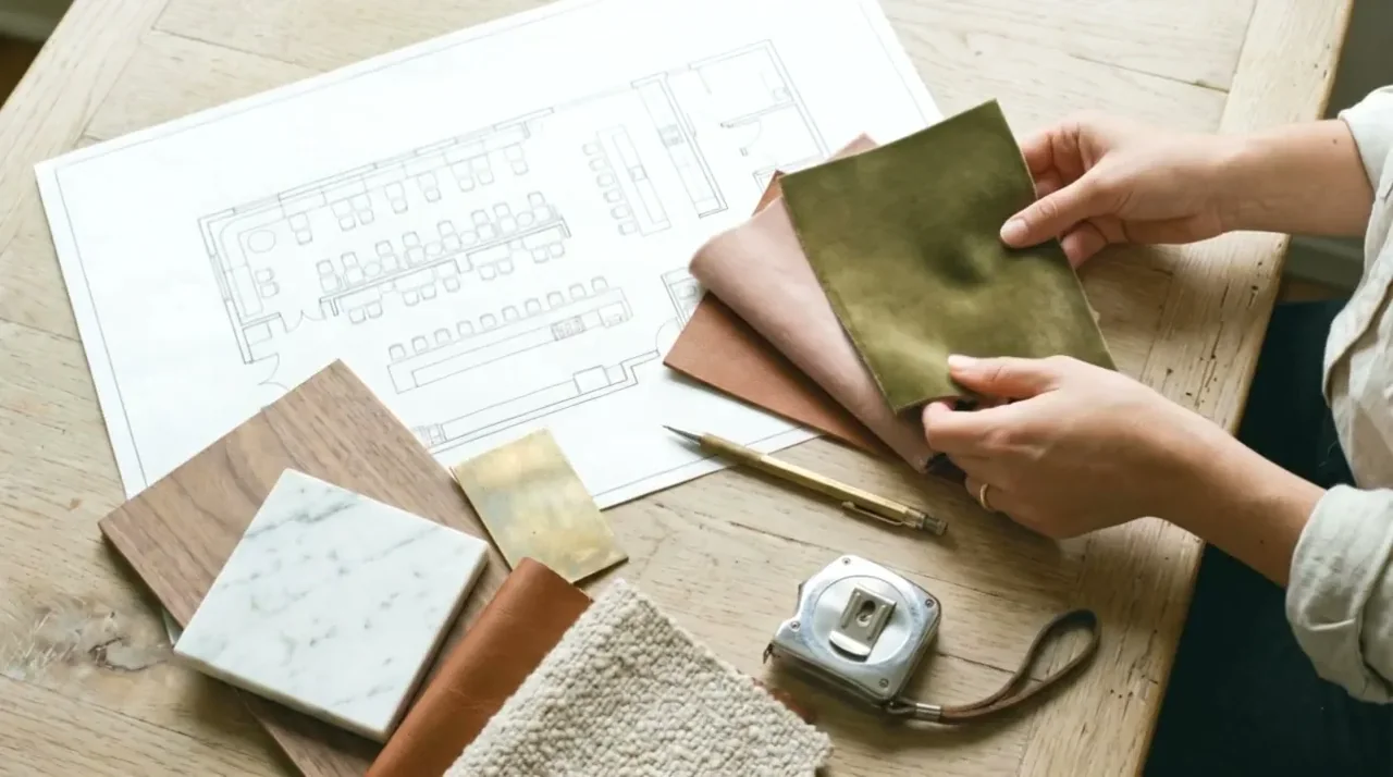 A designer comparing velvet and leather swatches over a restaurant floor plan, with a marble chip and a brass sample on the table